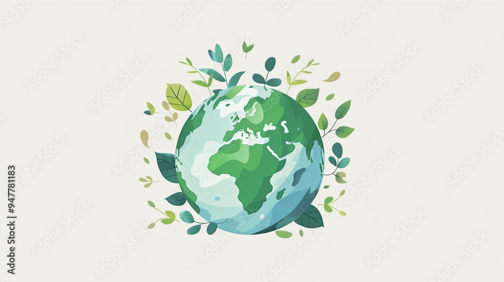 Global Environmental Awareness Campaign with Earth Illustration and Green Elements, Emphasizing Sustainability and Nature on a White Background with Soft Tones Global Environmental Awareness Campaign with Earth Illustration and Green Elements, Emphasizing Sustainability and Nature on a White Background with Soft Tones