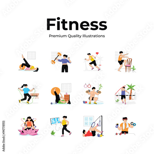 Pack of fitness and workout illustrations in modern design style