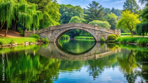 Stone bridge stretching over serene lake with lush greenery in the background, bridge, stone, lake, water, nature