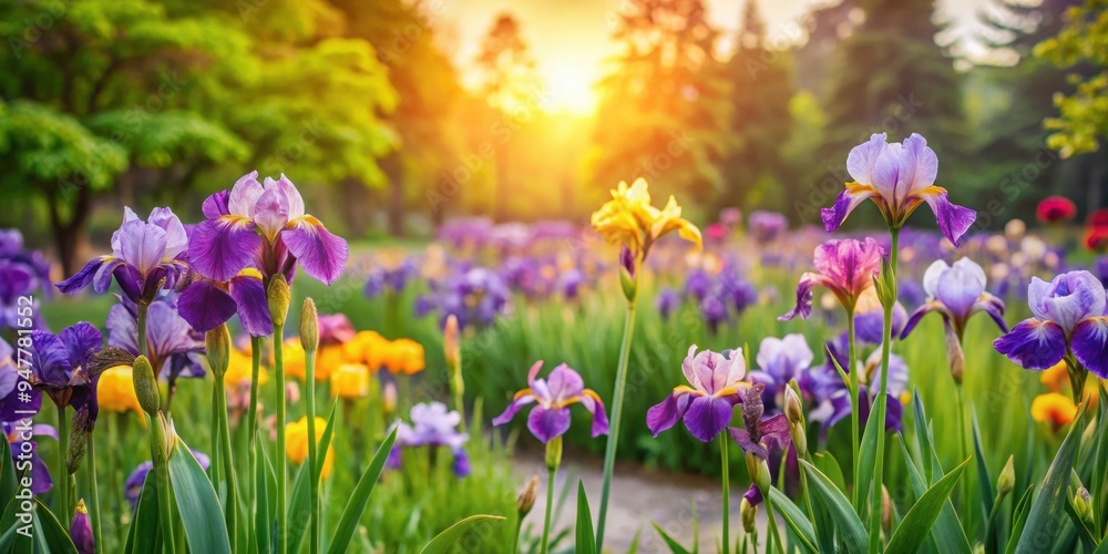 Obraz premium Iris flowers blooming in a beautiful garden setting, iris, flowers, garden, blooming, colorful, nature, floral, plants, botany