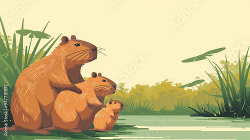 A family of three capybaras relaxing near a tranquil pond surrounded by lush greenery on a sunny day photo