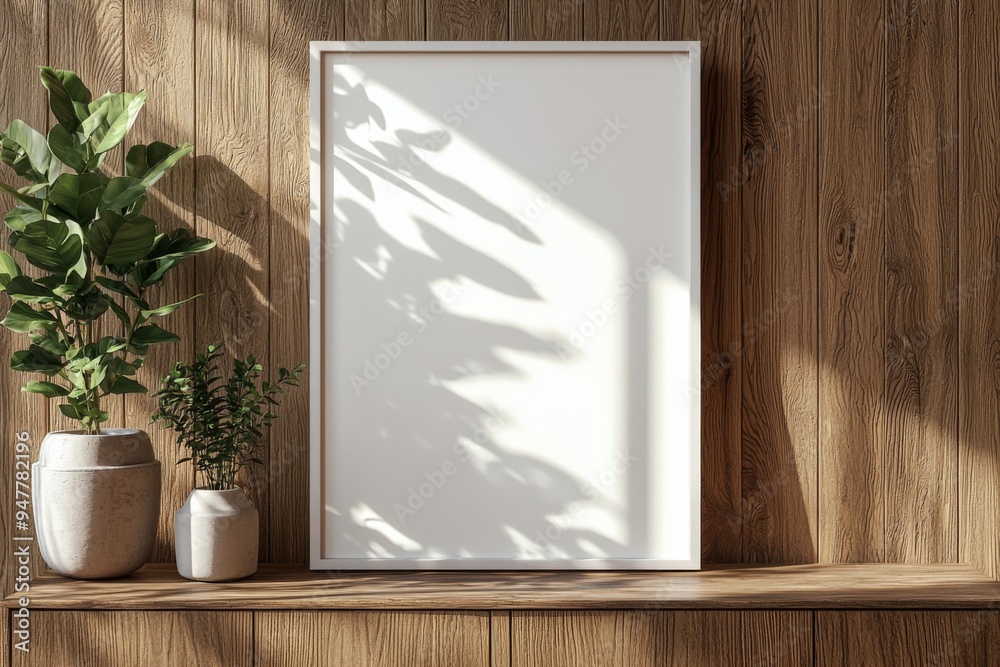 Poster Frame Mockup on Wooden Interior Background created with Generative AI Poster Frame Mockup on Wooden Interior Background created with Generative AI