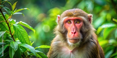 A macaque with a distinctive red muzzle perched in a lush green tree, macaque, red, muzzle, tree, wildlife, animal, monkey photo