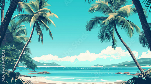A serene tropical beach view with palm trees framing the turquoise waters and distant mountains on a sunny day