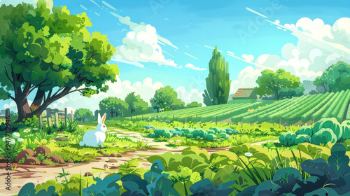 A serene rural scene captures a white rabbit relaxing amidst vibrant greenery and a backdrop of rolling hills under a blue sky on a sunny day photo