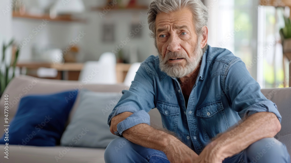 An older man sits pensively on a couch, surrounded by soft natural light and a cozy living space, deep in thought and reflection An older man sits pensively on a couch, surrounded by soft natural light and a cozy living space, deep in thought and reflection