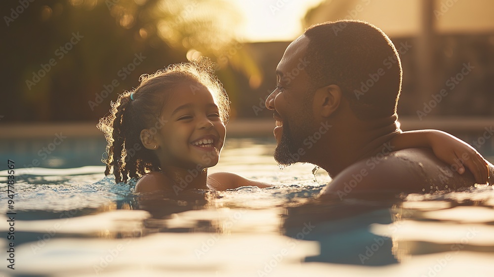 Father and daughter sharing a moment in the pool, warm light, smiles