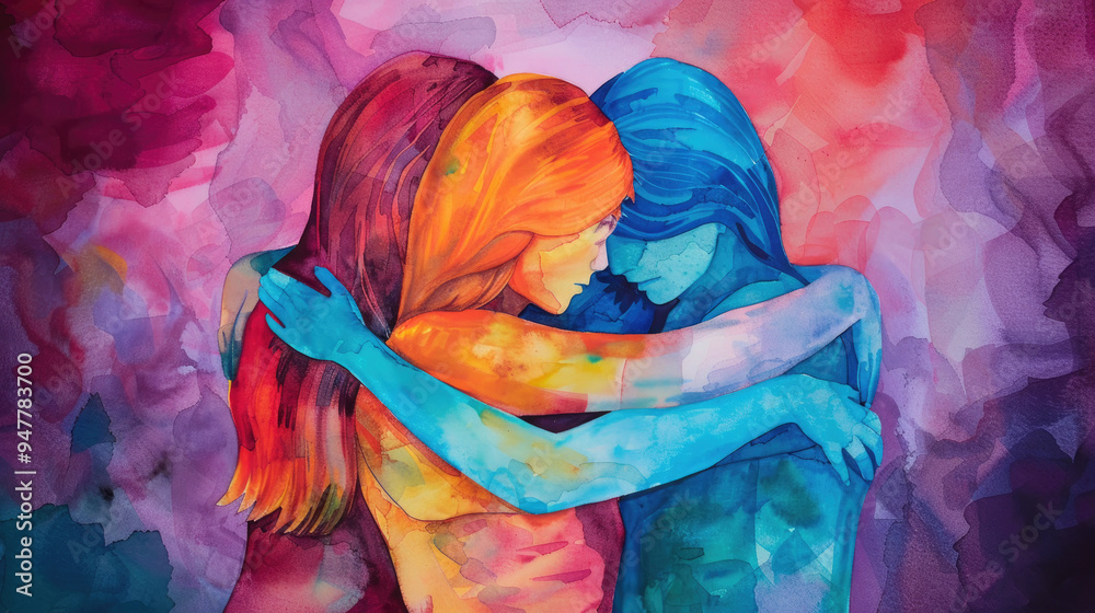 Fototapeta premium Three women share a heartfelt embrace, vividly illustrated with bright, swirling colors that convey warmth and unity among friends