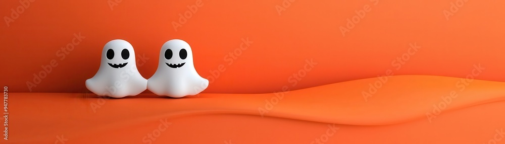 Two cheerful ghost figures on a vibrant orange background, perfect for Halloween-themed designs and decorations. Two cheerful ghost figures on a vibrant orange background, perfect for Halloween-themed designs and decorations.