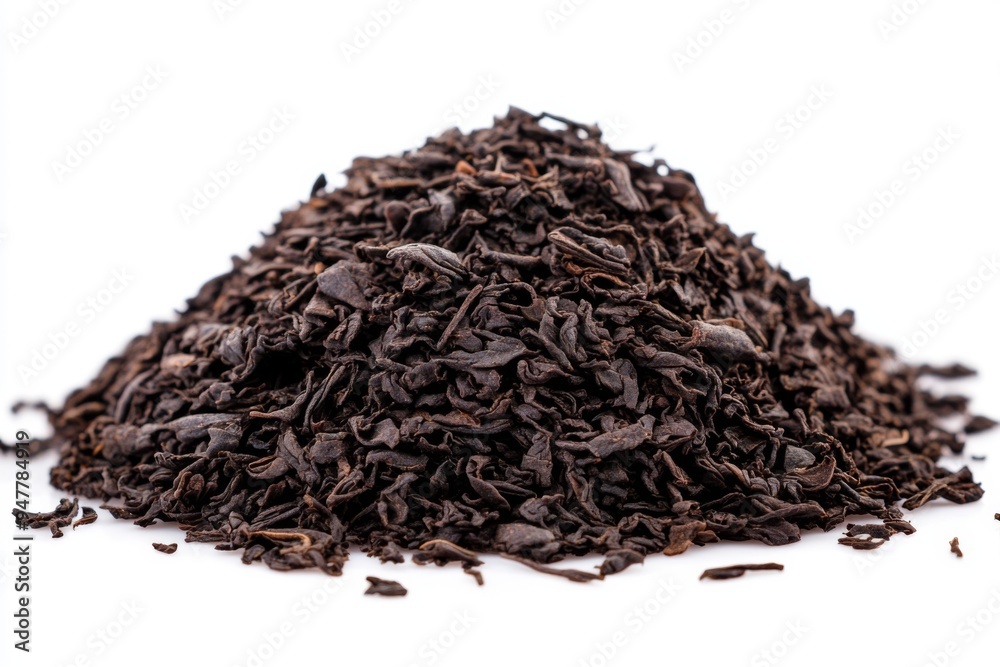 A Heap of High Quality Loose Black Tea Leaves isolated on a Pure White Background. Tea Brewing A Heap of High Quality Loose Black Tea Leaves isolated on a Pure White Background. Tea Brewing
