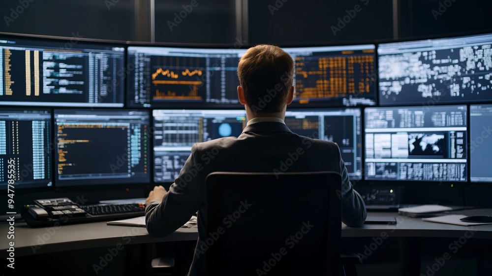 Master of Data: In the dimly lit tech hub, a lone figure commands a bank of monitors, navigating a sea of data with expertise. Master of Data: In the dimly lit tech hub, a lone figure commands a bank of monitors, navigating a sea of data with expertise.
