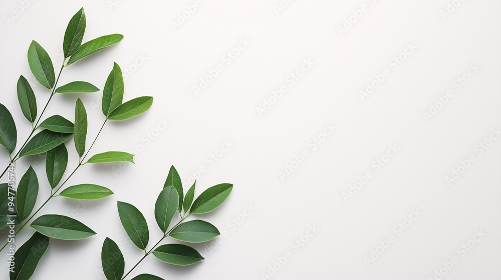 Minimalist Nature: Lush green leaves frame a serene white background, offering a tranquil space for text or design. Minimalist Nature: Lush green leaves frame a serene white background, offering a tranquil space for text or design.