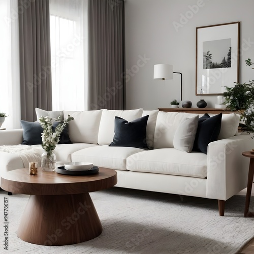 modern living room featuring a white sofa, wooden coffee table, and decorative plants