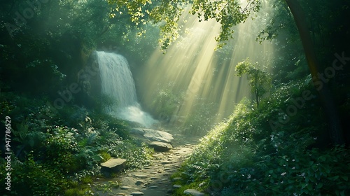 Sunbeams Illuminating a Forest Path and Waterfall