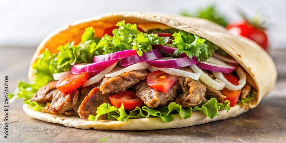 Close-up of a delicious and juicy Donner kebab, Donner, kebab, Turkish, street food, grilled meat, shawarma, sandwich, Mediterranean Close-up of a delicious and juicy Donner kebab, Donner, kebab, Turkish, street food, grilled meat, shawarma, sandwich, Mediterranean
