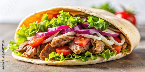 Close-up of a delicious and juicy Donner kebab, Donner, kebab, Turkish, street food, grilled meat, shawarma, sandwich, Mediterranean