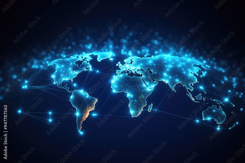 Abstract digital world map, a global network concept with glowing connections on a blue background. This illustration represents business, technology, and internet communication,generative ai Abstract digital world map, a global network concept with glowing connections on a blue background. This illustration represents business, technology, and internet communication,generative ai