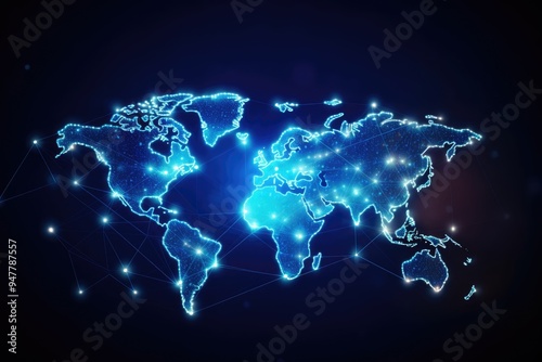 Abstract digital world map, a global network concept with glowing connections on a blue background. This illustration represents business, technology, and internet communication,generative ai