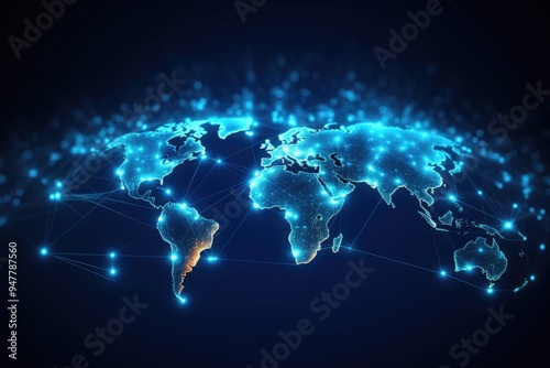 Abstract digital world map, a global network concept with glowing connections on a blue background. This illustration represents business, technology, and internet communication,generative ai