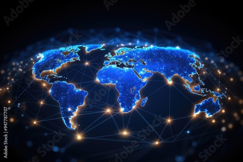 Abstract global network concept with a blue glowing world map and connecting lines , a futuristic technology  ,generative ai