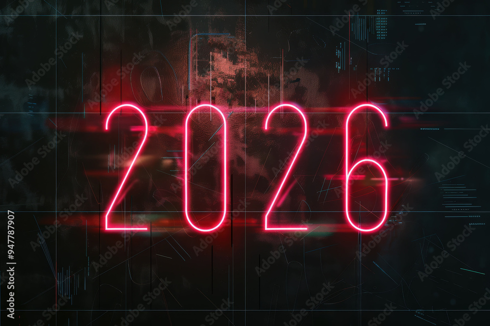 Glowing red neon 2026 typography with digital glitch effects on a dark background, creating a futuristic and cyberpunk aesthetic. Glowing red neon 2026 typography with digital glitch effects on a dark background, creating a futuristic and cyberpunk aesthetic.