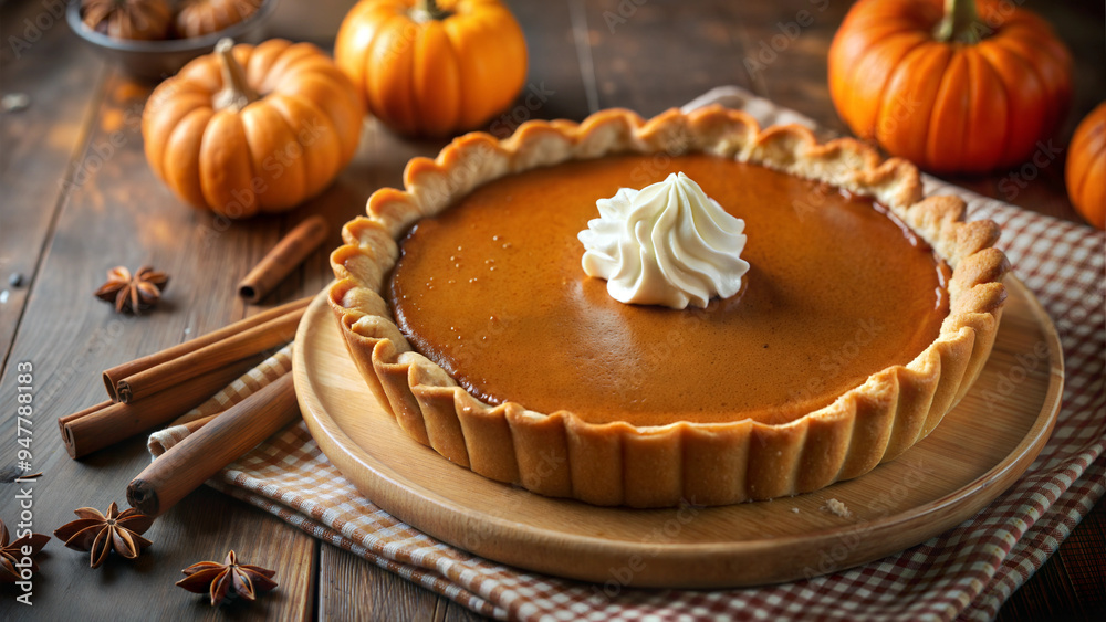 Uncut Pumpkin Pie Decorated with Cream on a Tray, on a Napkin, Surrounded by Cinnamon, Cloves, and Small Pumpkins Uncut Pumpkin Pie Decorated with Cream on a Tray, on a Napkin, Surrounded by Cinnamon, Cloves, and Small Pumpkins