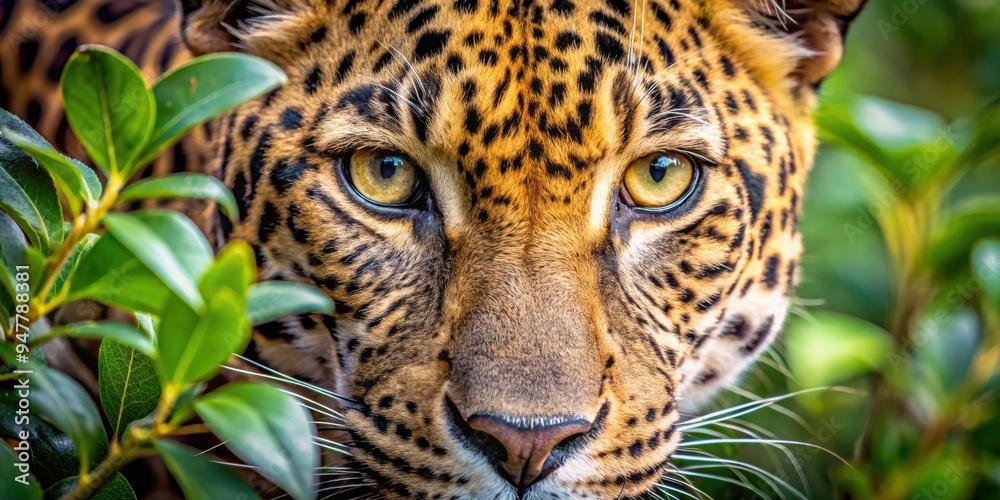 Obraz premium Close-up of a leopard's eye in dense foliage showing intense concentration during a hunt, leopard, eye, close-up, wildlife