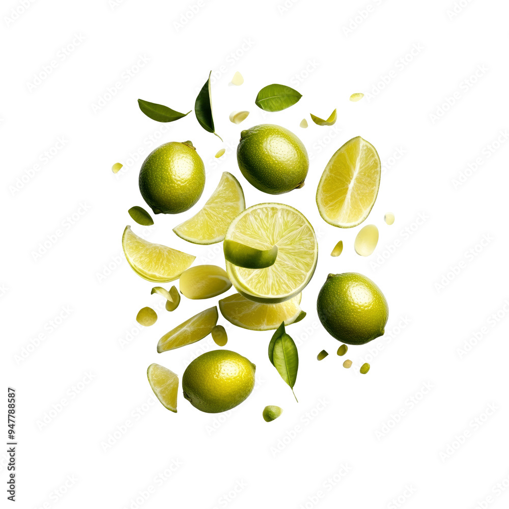 Fresh Limes Falling in a Black Background Fresh Limes Falling in a Black Background