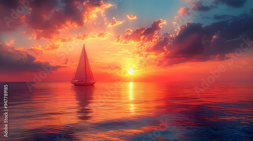 yacht silhouetted against a vibrant sunset with orange, pink, and purple hues, casting a golden glow over tranquil waters