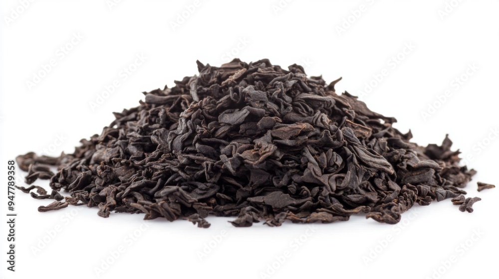 A Heap of High Quality Loose Black Tea Leaves isolated on a Pure White Background. Tea Brewing A Heap of High Quality Loose Black Tea Leaves isolated on a Pure White Background. Tea Brewing