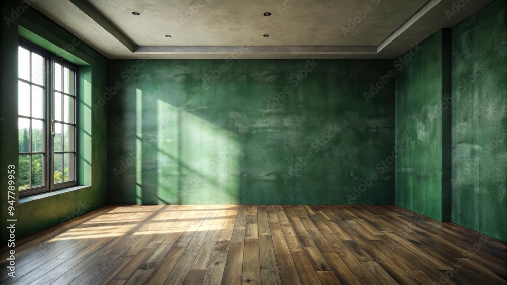 Dark room interior with green walls and concrete floor with wooden floor, rendering Dark room interior with green walls and concrete floor with wooden floor, rendering