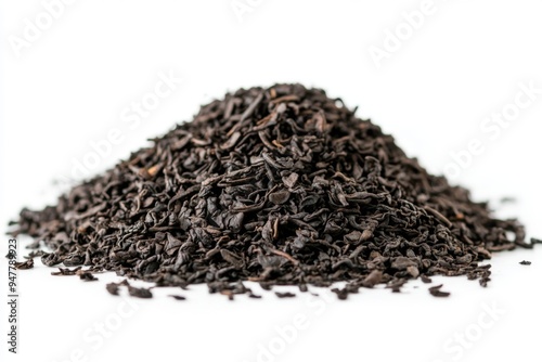 A Heap of High Quality Loose Black Tea Leaves isolated on a Pure White Background. Tea Brewing