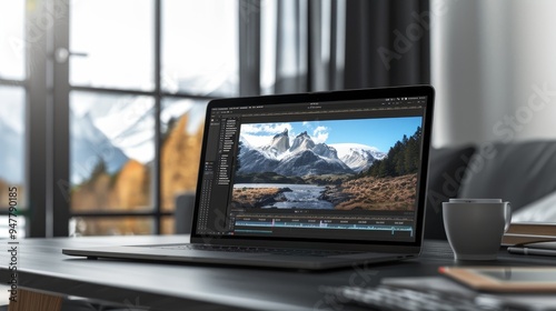 Digital Mastery Transforming Nature's Beauty Landscape Photographer Editing Breathtaking Scenery on Laptop with Editing Software