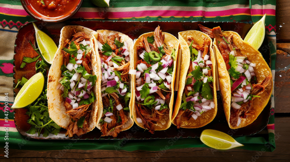 Tacos with slow-cooked pork, onions, cilantro, lime, and salsa roja, levitating to showcase their appeal Tacos with slow-cooked pork, onions, cilantro, lime, and salsa roja, levitating to showcase their appeal