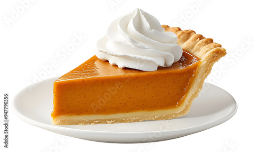 Slice of Classic Pumpkin Pie Whipped Cream Plate Transparent Background Cutout