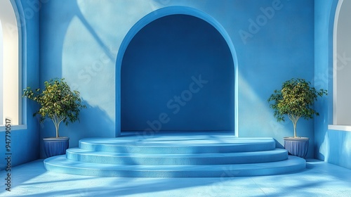 3d render abstract art deco blue backgroun3d with empty podium minimal showcase for product presentation photo