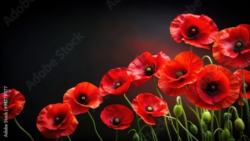 Red poppies symbolizing remembrance against a black background, remembrance, red poppies, black background