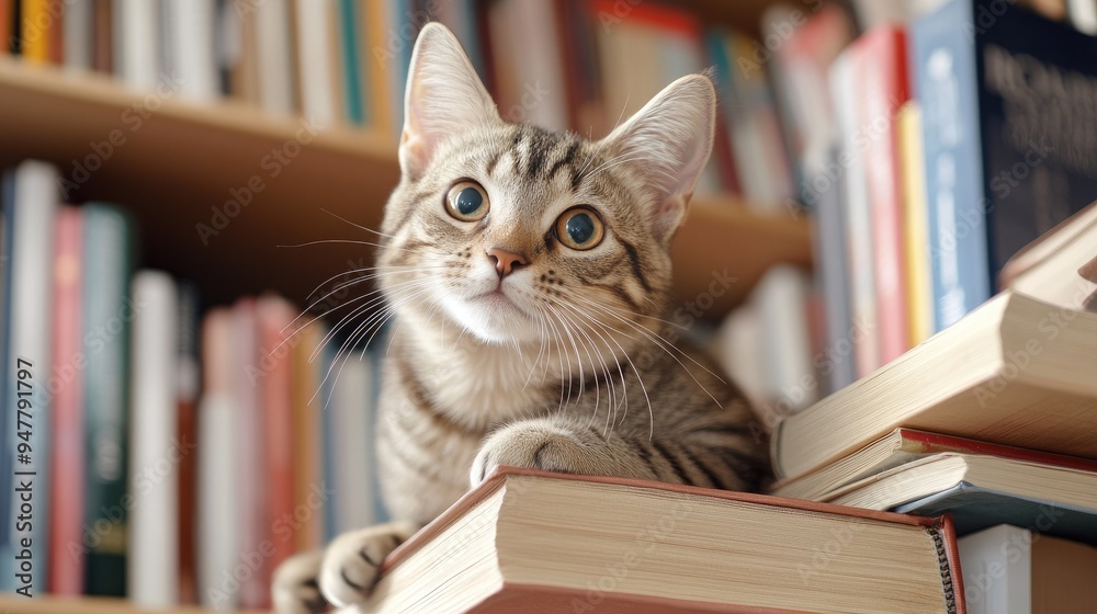 Cat sitting on a bookshelf surrounded by books Cat sitting on a bookshelf surrounded by books