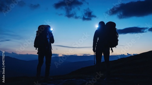 Two Hikers Silhouetted Against the Night Sky