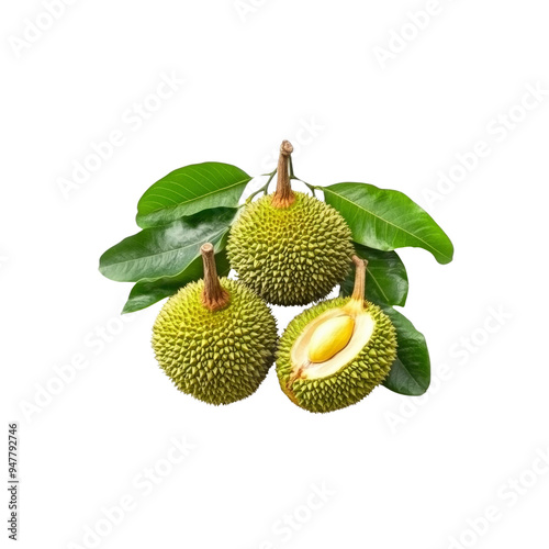 Durian fruit with leaves isolated on black background