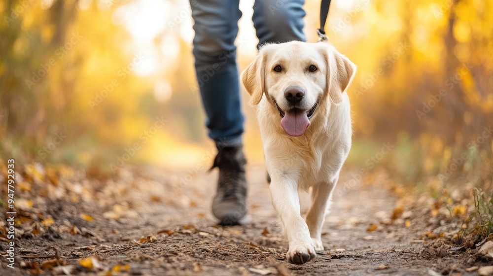 Dog and its owner walking hand-in-paw on a trail Dog and its owner walking hand-in-paw on a trail