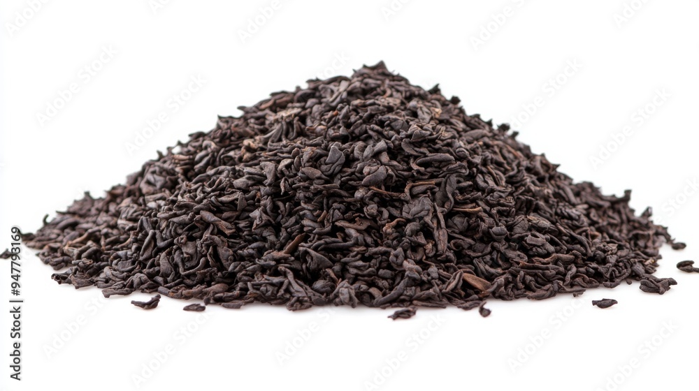 A Heap of High Quality Loose Black Tea Leaves isolated on a Pure White Background. Tea Brewing A Heap of High Quality Loose Black Tea Leaves isolated on a Pure White Background. Tea Brewing