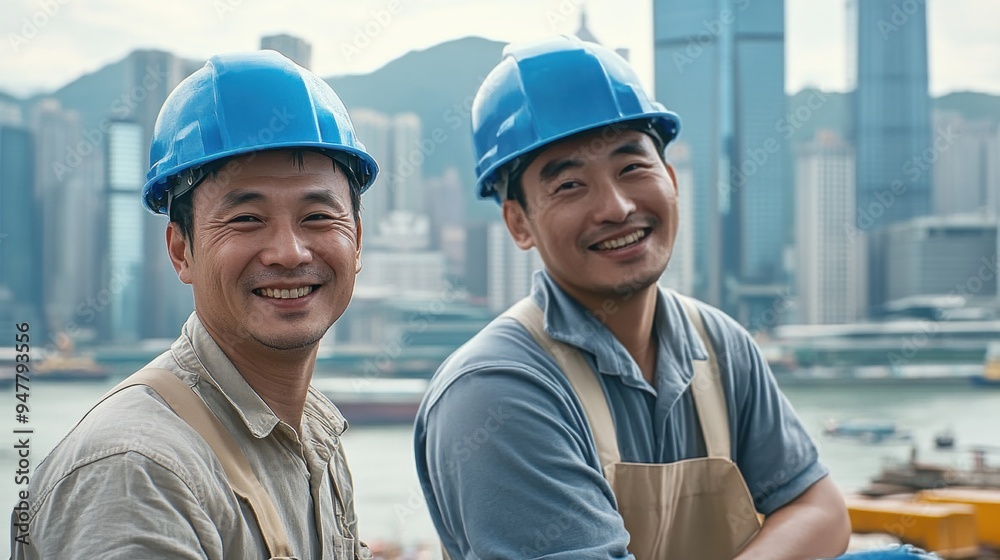 Two construction workers smiling in front of a cityscape Two construction workers smiling in front of a cityscape