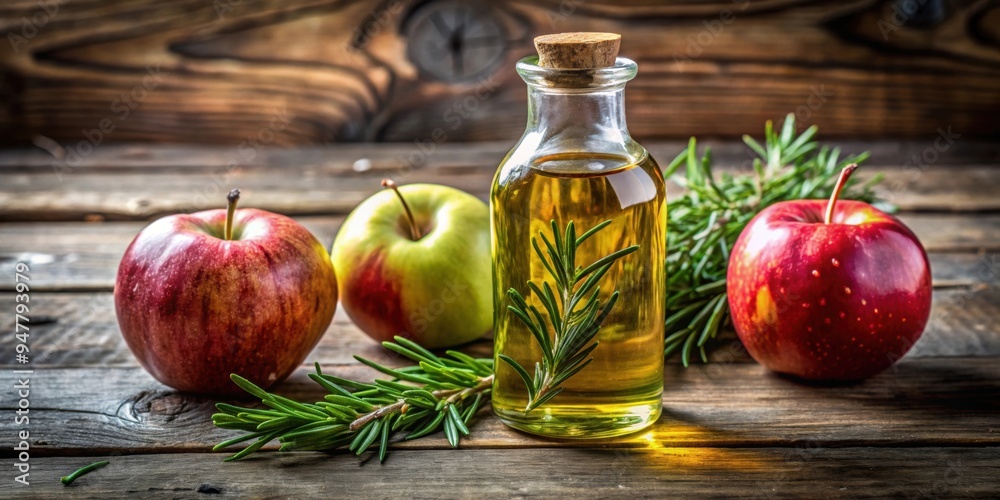 Two fresh apples and a bottle of aromatic rosemary-infused oil on a rustic wooden surface, apples, oil, rosemary, herbs Two fresh apples and a bottle of aromatic rosemary-infused oil on a rustic wooden surface, apples, oil, rosemary, herbs