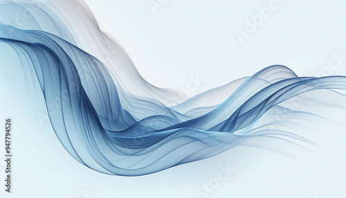 A flowing abstract composition of translucent blue fabric waves creating a sense of motion and elegance against a soft white background