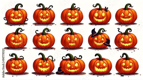 Jack-o'-Lantern Collage with Various Pumpkin Faces