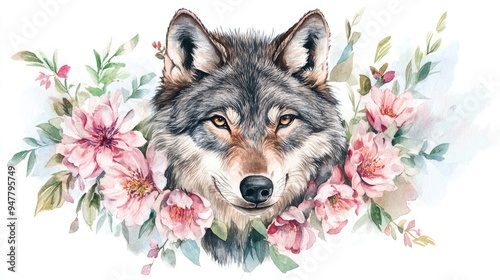 Wallpaper Mural Watercolor illustration of an adorable wolf adorned with a garland of pink flowers Torontodigital.ca