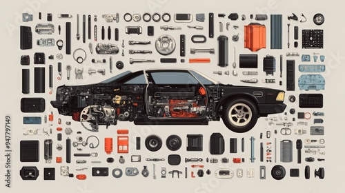 flat design, grey background, every single part or component of a car, in the middle a cannibalized car, 16:9 photo