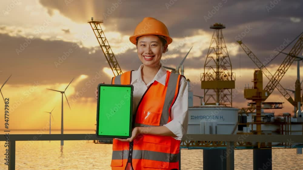 Asian Female Engineer With Safety Helmet Smiling And Showing Green Screen Tablet To The Camera With Hydrogen Production Asian Female Engineer With Safety Helmet Smiling And Showing Green Screen Tablet To The Camera With Hydrogen Production