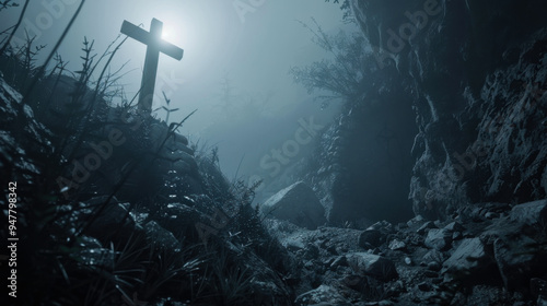 A cemetery with many gravestones and crosses. The atmosphere is eerie and somber. The cemetery is empty and quiet, with no one around